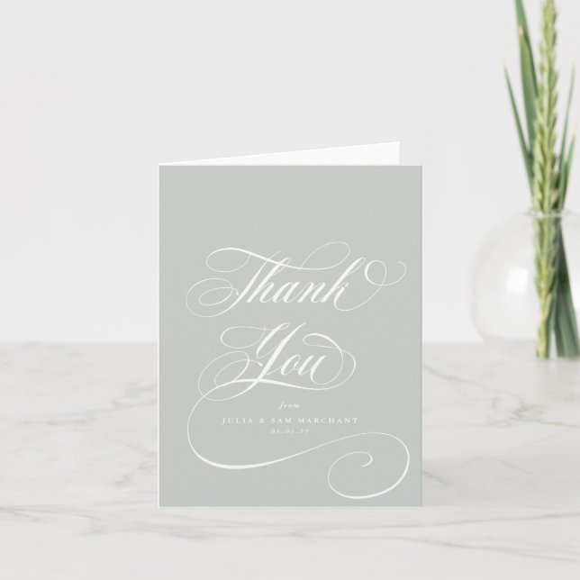 Grey Green Elegant Script Blank Wedding Thank You Card (Front)