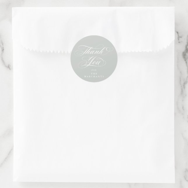 Grey Green Elegant Script Wedding Thank You Classic Round Sticker (Bag)