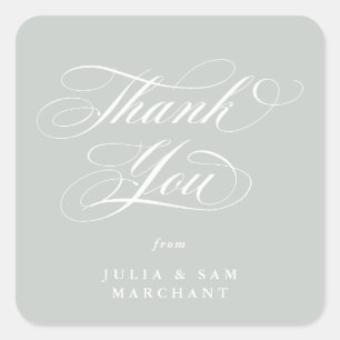 Grey Green Elegant Script Wedding Thank You Square Sticker