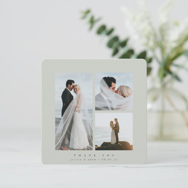 Grey-Green Elegant Square Three Photo Wedding Flat Thank You Card (Standing Front)