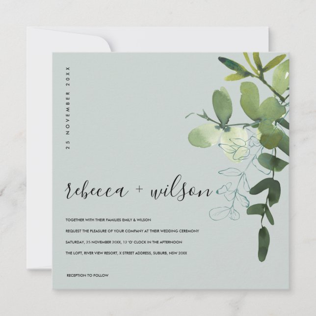 GREY GREEN EUCALYPTUS FOLIAGE WATERCOLOR WEDDING INVITATION (Front)