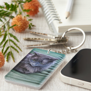 Grey Green Eyed Cat Acrylic Keychain