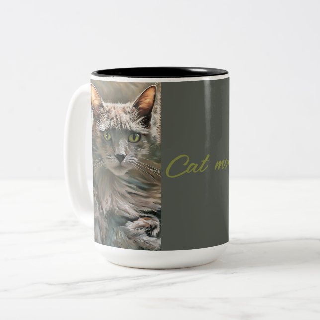 Grey Green Eyed CatMug Two-Tone Coffee Mug (Front Left)