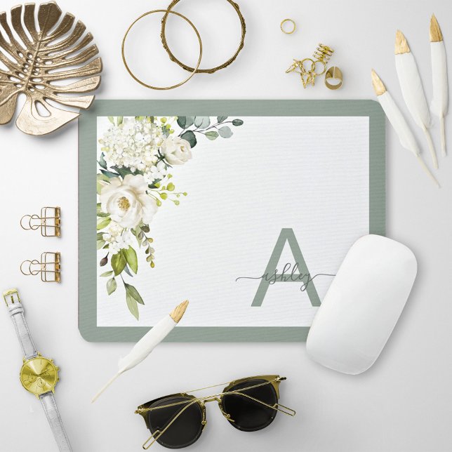 Grey Green Floral Script Monogram Initial Name Mouse Mat (Creator Uploaded)