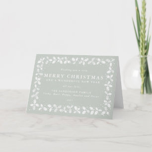 Grey Green Hand Printed Holly + Berries Border Holiday Card
