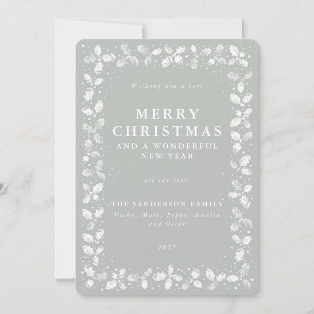 Grey-Green Hand Printed Holly Holiday Card (Front)