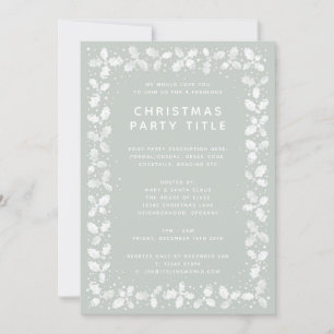 Grey Green Holly Leaf Border Christmas Party Invitation
