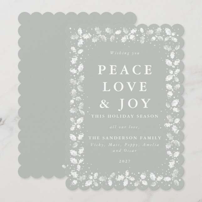 Grey-Green Holly Peace Love + Joy Holiday Card (Front/Back)