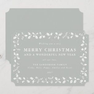 Grey-Green Lino Print Holly Merry Christmas Holiday Card