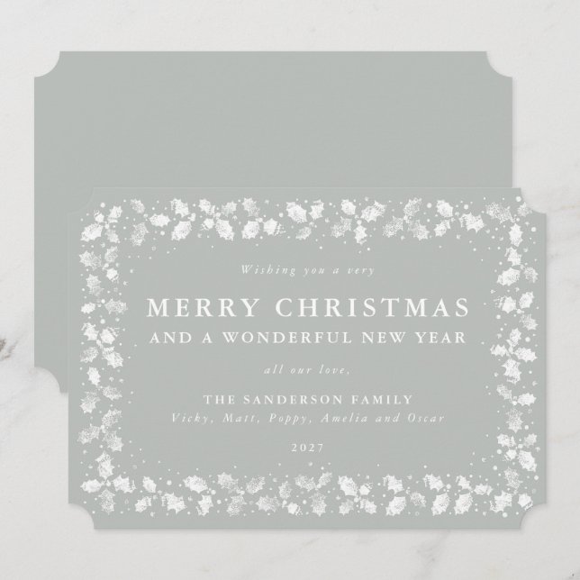 Grey-Green Lino Print Holly Merry Christmas Holiday Card (Front/Back)