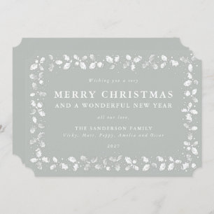 Grey-Green Lino Print Holly Merry Christmas Holiday Card