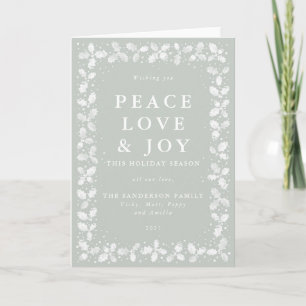 Grey Green Lino Print Holly Peace Love & Joy Holiday Card