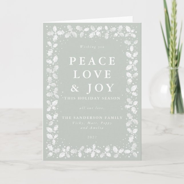 Grey Green Lino Print Holly Peace Love & Joy Holiday Card (Front)