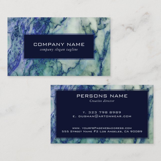 Grey & Green Marble Blue Glitter Accent Business Card (Front/Back)