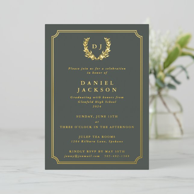 Grey-Green Monogram + Laurel Wreath Graduation (Standing Front)