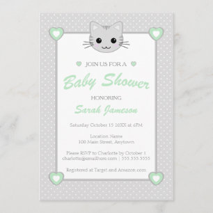Grey Green Neutral Cute  Kawaii Cat Baby Shower Invitation