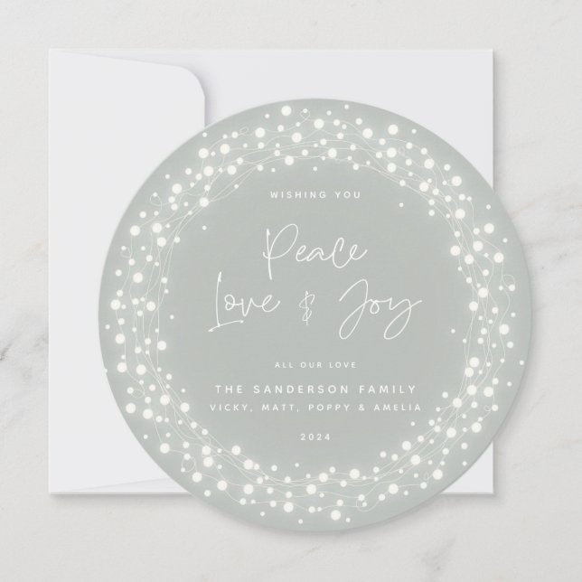 Grey-Green Peace Love+Joy Script Sparkling Lights Holiday Card (Front)