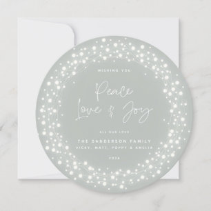Grey-Green Peace Love+Joy Script Sparkling Lights Holiday Card