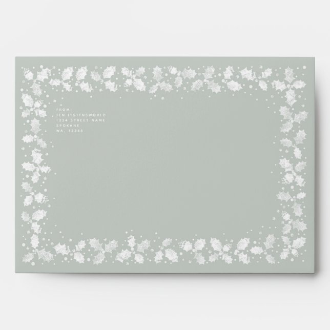 Grey Green Printed Holly+Berries Return Address A7 Envelope (Front)