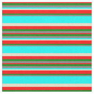 Grey, Green, Red, Tan, and Aqua Coloured Stripes Fabric