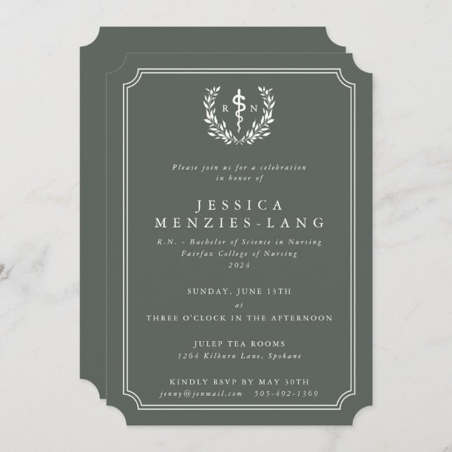 Grey Green Registered Nurse Asclepius Graduation Invitation (Front/Back)