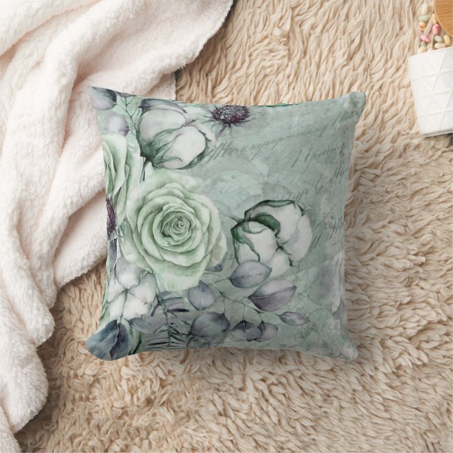 Grey/Green Roses Cushion (Blanket)