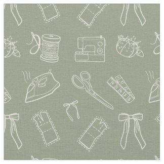 Grey Green Sewing Themed Pattern Fabric