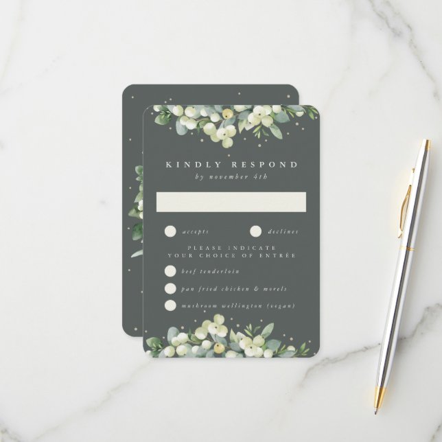 Grey Green Snowberry+Eucalyptus Edged Wedding RSVP Card (Front/Back In Situ)
