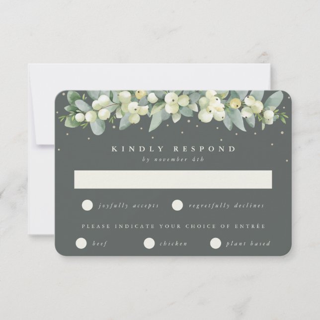 Grey Green Snowberry+Eucalyptus Garland Wedding RSVP Card (Front)