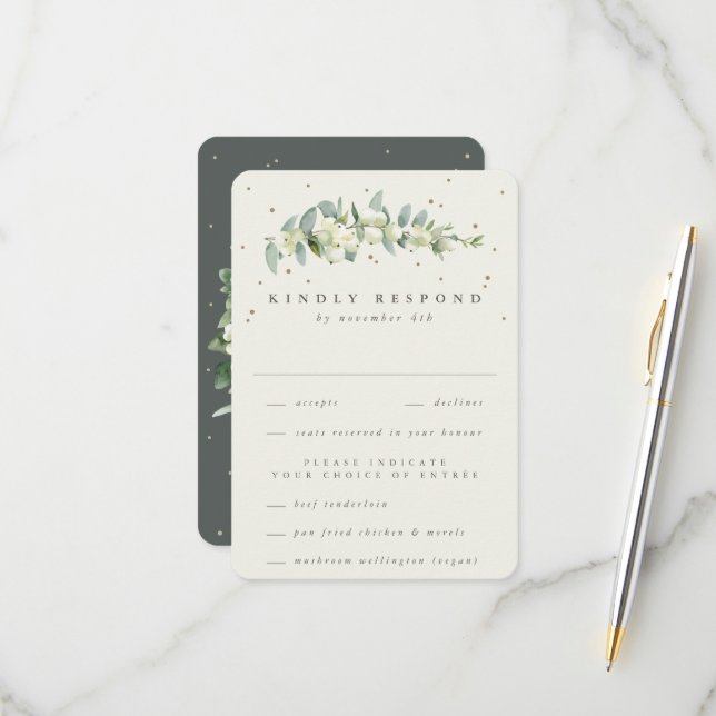 Grey Green Snowberry+Eucalyptus Stem Wedding RSVP Card (Front/Back In Situ)