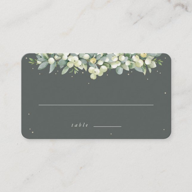 Grey Green Snowberry+Eucalyptus Wedding Flat Place Card (Front)