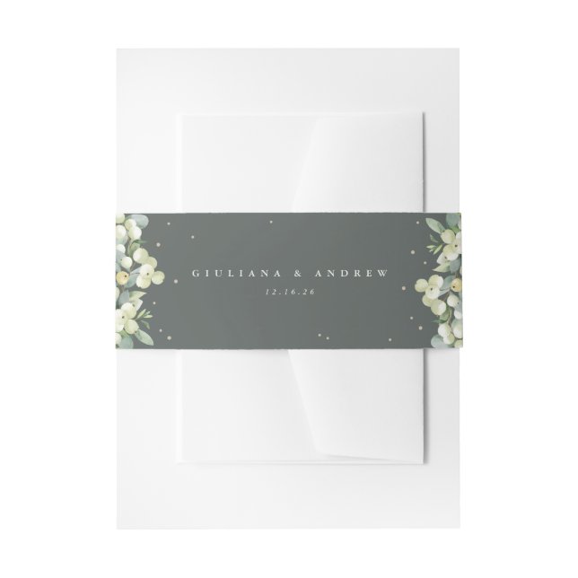 Grey Green Snowberry+Eucalyptus Wedding Portrait Invitation Belly Band (Front Example)