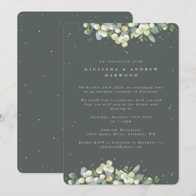 Grey Green Snowberry+Eucalyptus Wedding Reception Invitation (Front/Back)