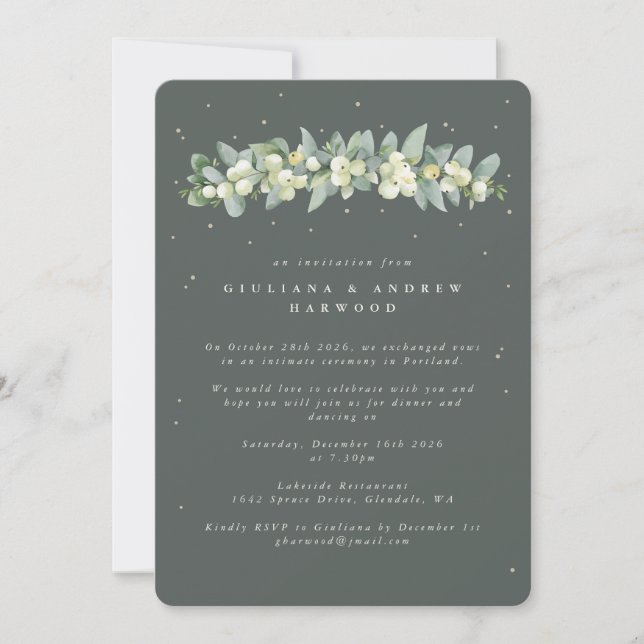 Grey Green Snowberry+Eucalyptus Wedding Reception Invitation (Front)