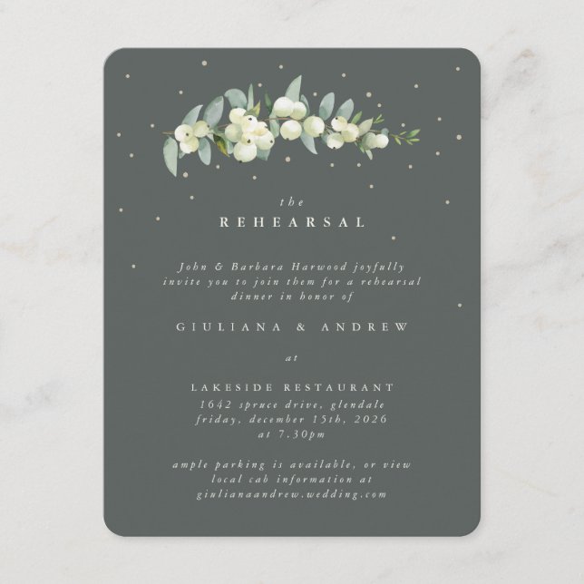 Grey Green Snowberry+Eucalyptus Wedding Rehearsal Enclosure Card (Front)