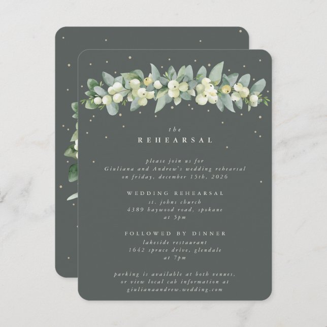 Grey Green Snowberry+Eucalyptus Wedding Rehearsal Enclosure Card (Front/Back)