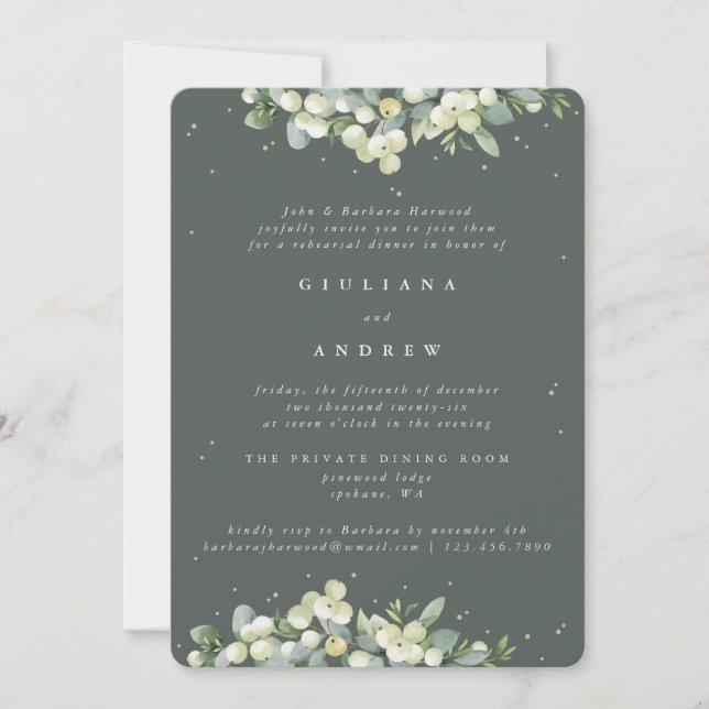 Grey Green Snowberry+Eucalyptus Wedding Rehearsal Invitation (Front)