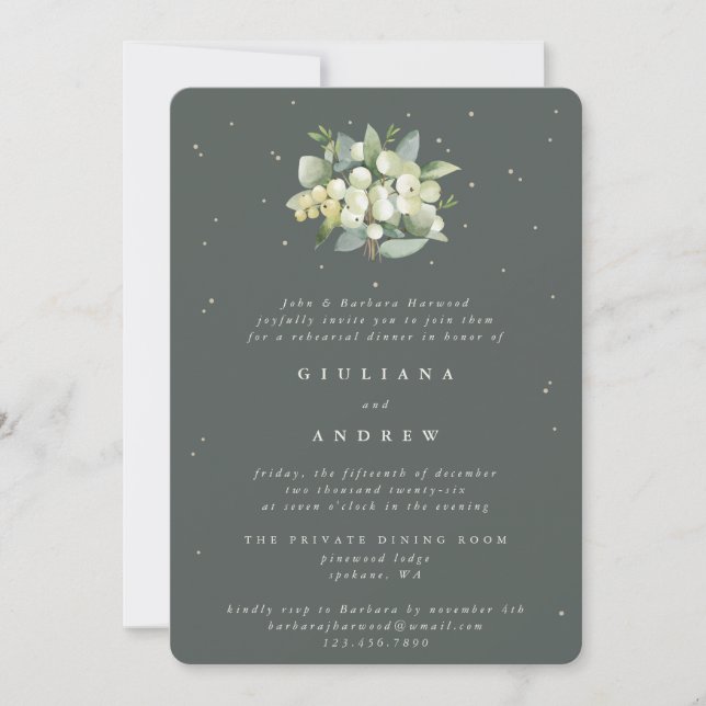 Grey Green Snowberry+Eucalyptus Wedding Rehearsal Invitation (Front)