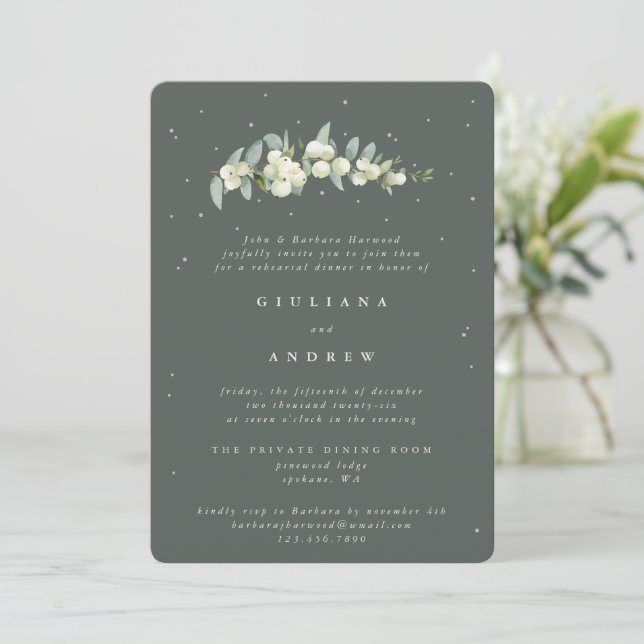 Grey Green Snowberry+Eucalyptus Wedding Rehearsal Invitation (Standing Front)