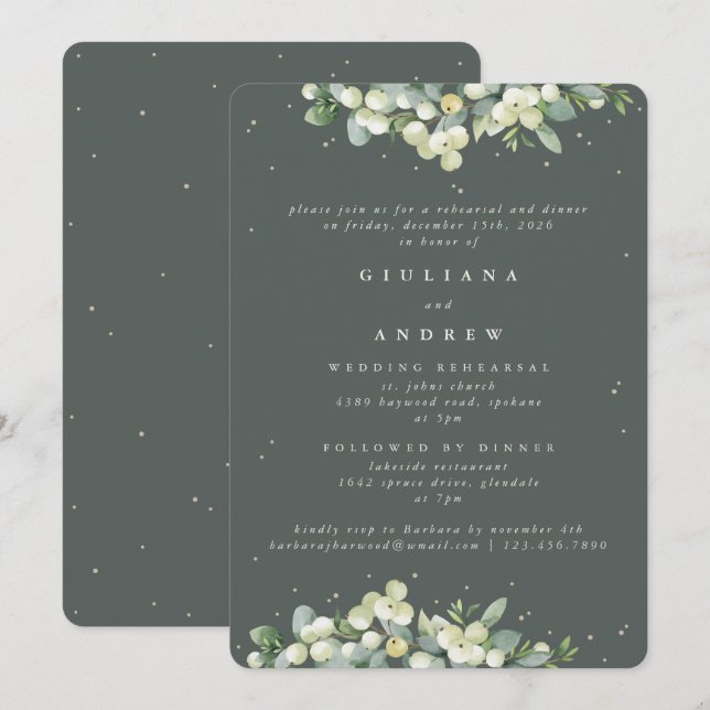 Grey Green Snowberry+Eucalyptus Wedding Rehearsal Invitation (Front/Back)