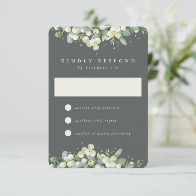 Grey Green  Snowberry+Eucalyptus Wedding RSVP Card (Standing Front)
