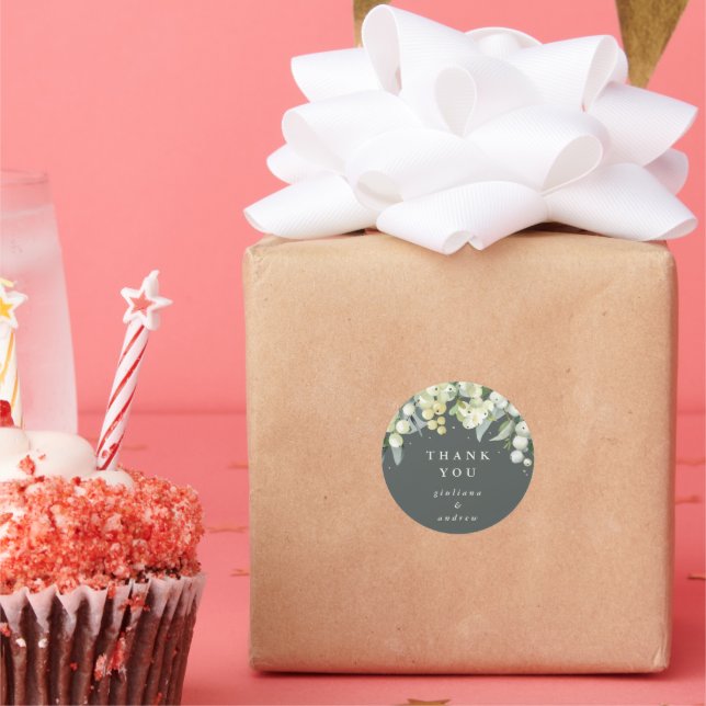 Grey Green Snowberry+Eucalyptus Wedding Thank You Classic Round Sticker (Party)