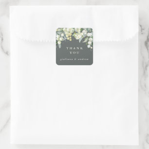 Grey Green Snowberry+Eucalyptus Wedding Thank You Square Sticker