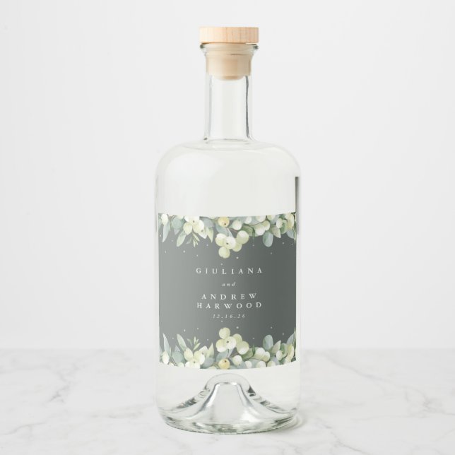 Grey Green Snowberry+Eucalyptus Winter Wedding Liquor Bottle Label (Front)