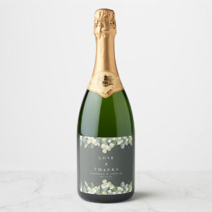 Grey Green Snowberry+Eucalyptus Winter Wedding Sparkling Wine Label