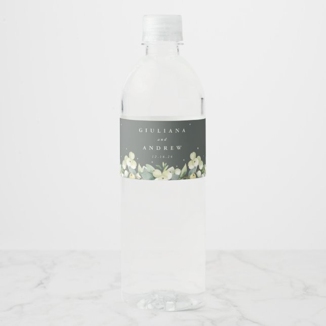 Grey-Green Snowberry+Eucalyptus Winter Wedding Water Bottle Label (Front)
