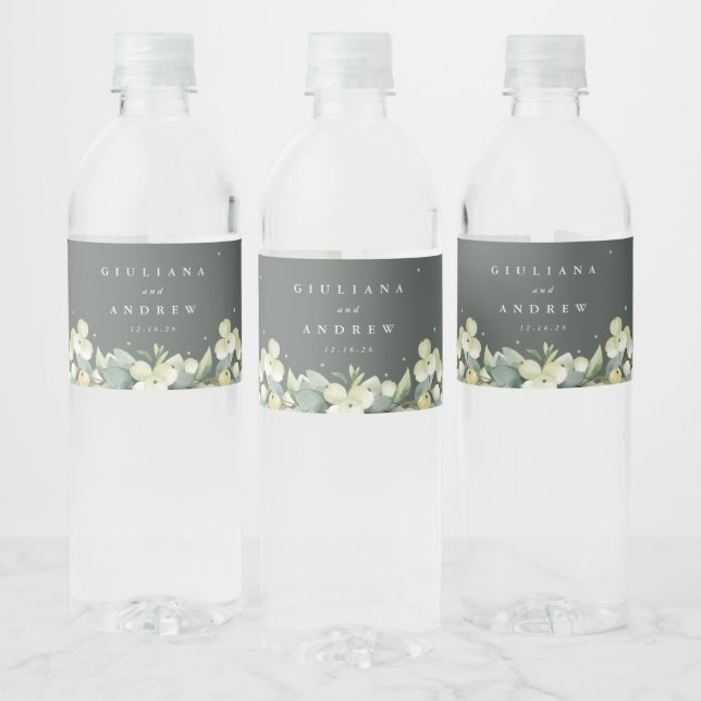 Grey-Green Snowberry+Eucalyptus Winter Wedding Water Bottle Label (Bottles)