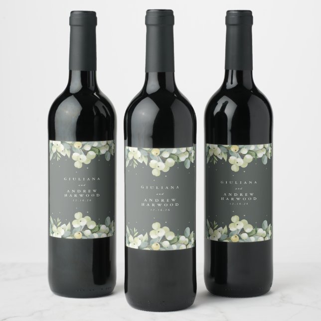 Grey-Green Snowberry+Eucalyptus Winter Wedding Wine Label (Bottles)