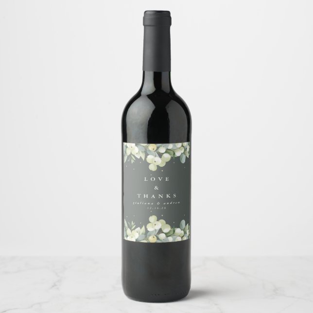Grey-Green Snowberry+Eucalyptus Winter Wedding Wine Label (Front)