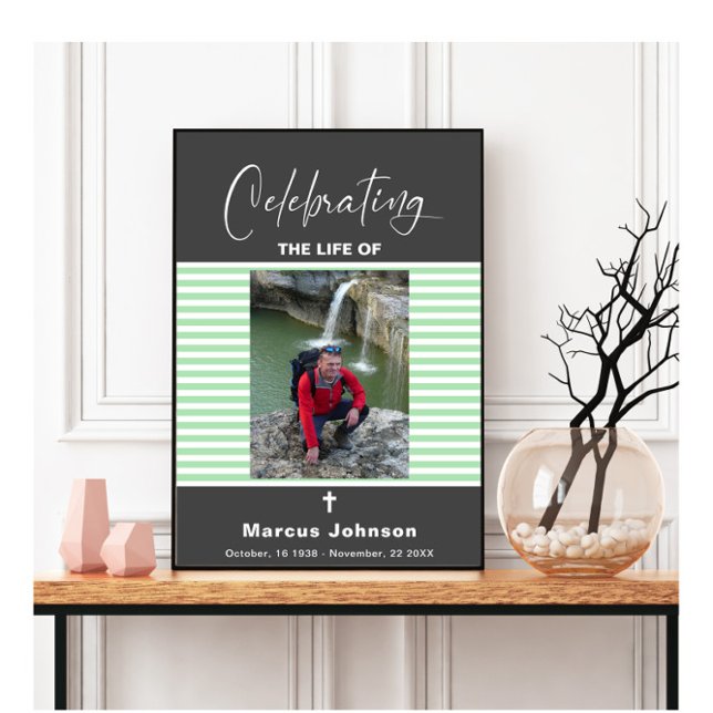 Grey Green Stripes Celebrating the life Funeral  Poster (Creator Uploaded)